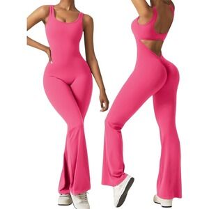 VertVie Pink Scrunch Butt‎ Flare Leg Jumpsuit XS Sleeveless Backless NWT